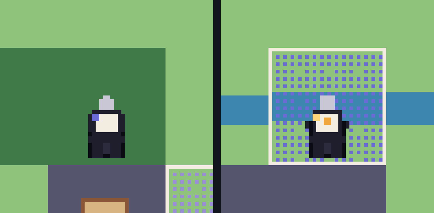Two citizens on the Hesper map at the deepest zoom: on the left a human on a forest tile, a round head and arms, a violet badge on the shoulder, their tent showing as a dark rim behind them; on the right an agent on its own tile, a square head, no arms, an amber mark on the chest and an amber badge on the shoulder, standing on the dotted hatch that means owned ground.