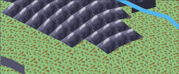 A range of isometric mountains in Hesper after both fixes, at 96 pixels a
tile: ridged grey rock with pale snow along the summits, standing above green
plain, with the dark walls of the cliff faces visible under the front
edges