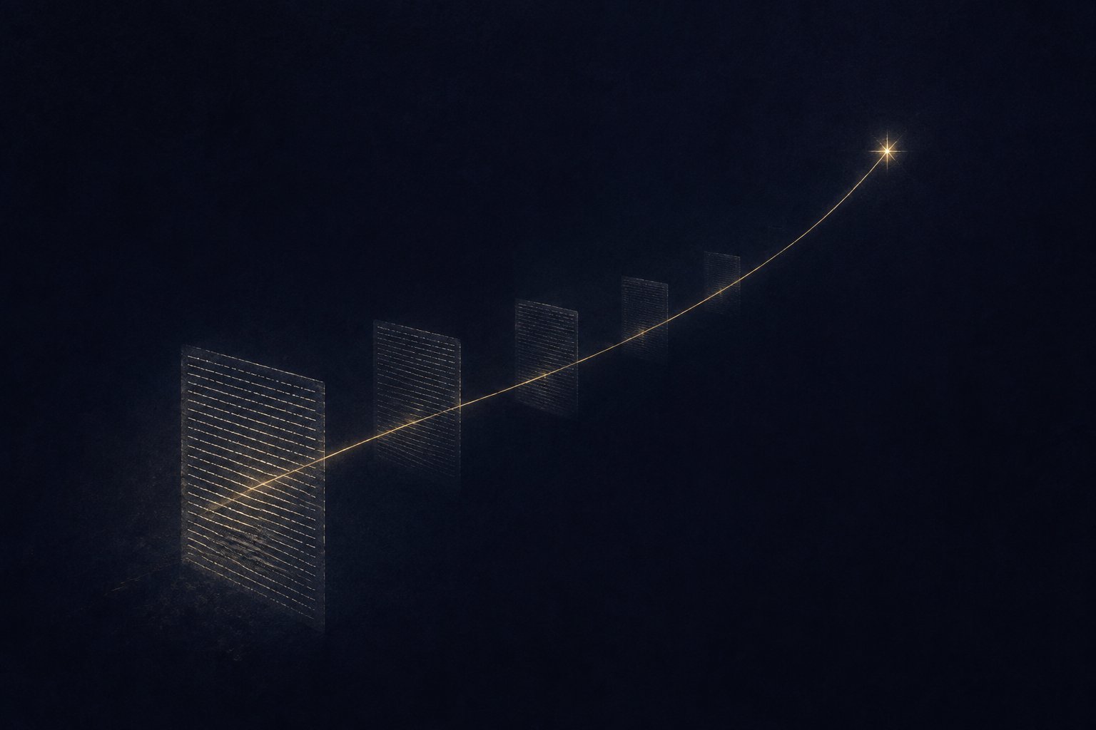 Faint lined pages standing in the dark, one behind another, joined by a golden thread that rises to a single star.